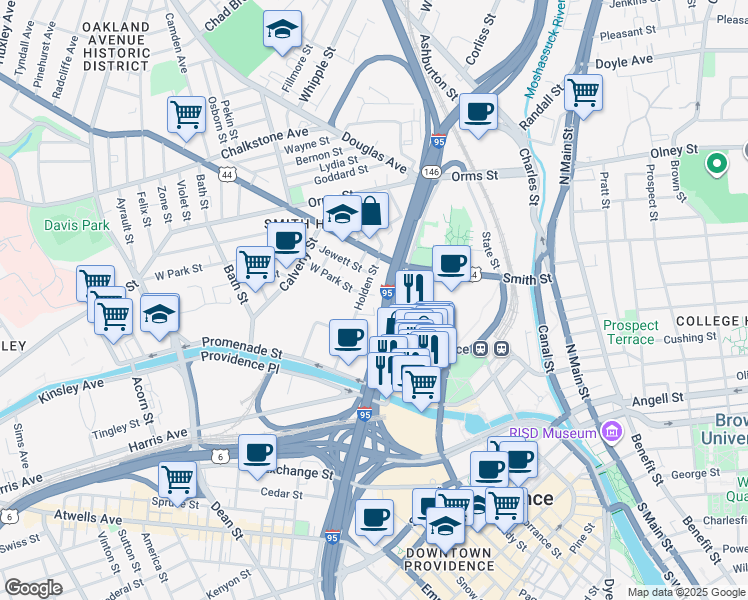 map of restaurants, bars, coffee shops, grocery stores, and more near 10 West Park Street in Providence