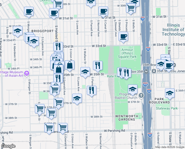 map of restaurants, bars, coffee shops, grocery stores, and more near W 35th St & S Parnell Ave in Chicago