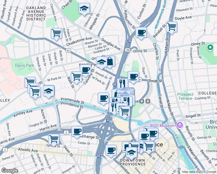 map of restaurants, bars, coffee shops, grocery stores, and more near 18 West Park Street in Providence
