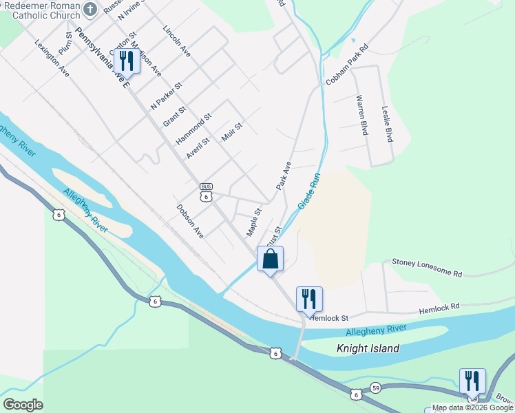 map of restaurants, bars, coffee shops, grocery stores, and more near 21 Maple Street in Warren