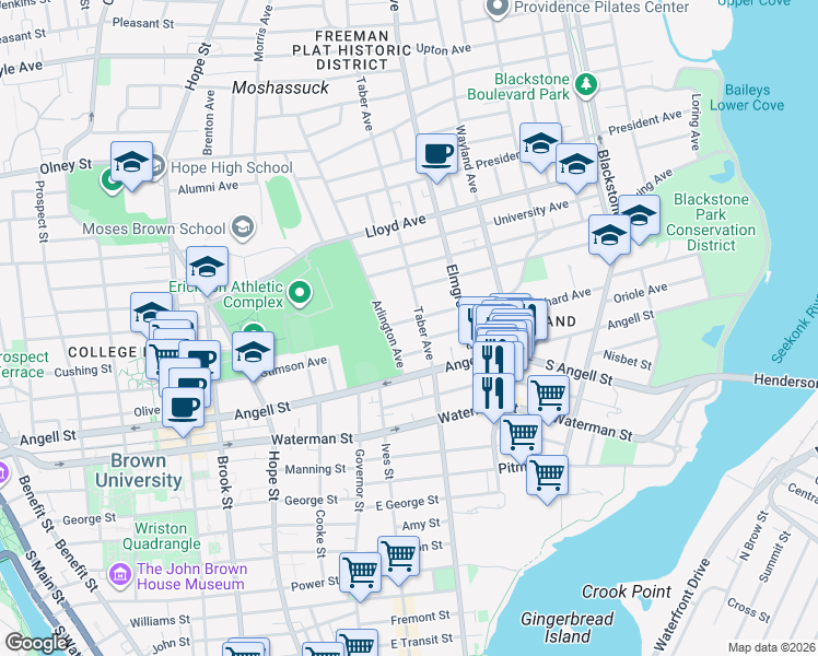map of restaurants, bars, coffee shops, grocery stores, and more near 21 Arlington Avenue in Providence