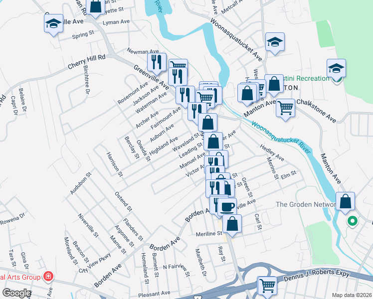 map of restaurants, bars, coffee shops, grocery stores, and more near 30 Leading Street in Johnston