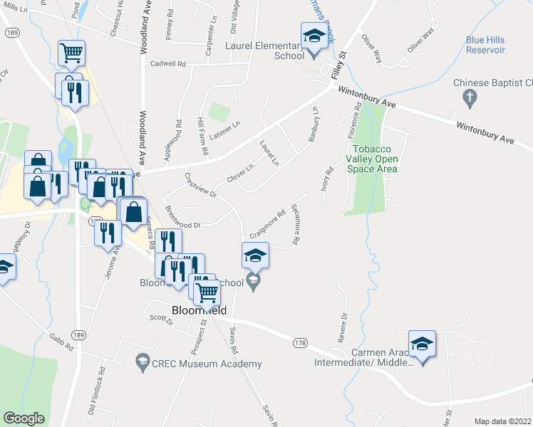 map of restaurants, bars, coffee shops, grocery stores, and more near 7 Craigmore Road in Bloomfield