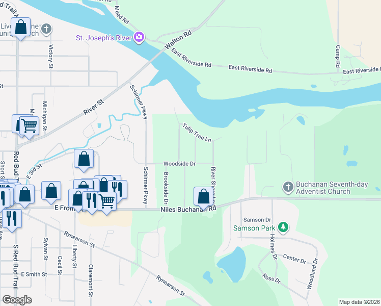 map of restaurants, bars, coffee shops, grocery stores, and more near 15919 Edgewood in Buchanan