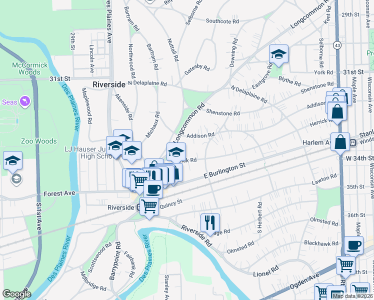 map of restaurants, bars, coffee shops, grocery stores, and more near in Riverside