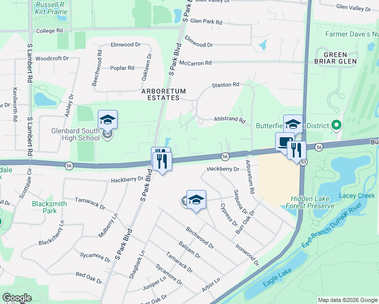map of restaurants, bars, coffee shops, grocery stores, and more near 411 Butterfield Road in Glen Ellyn