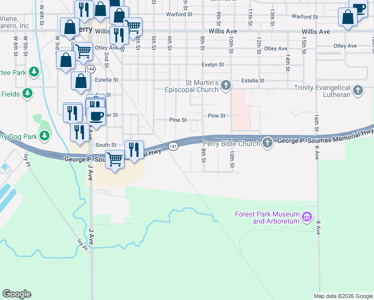 map of restaurants, bars, coffee shops, grocery stores, and more near 310 7th Street in Perry