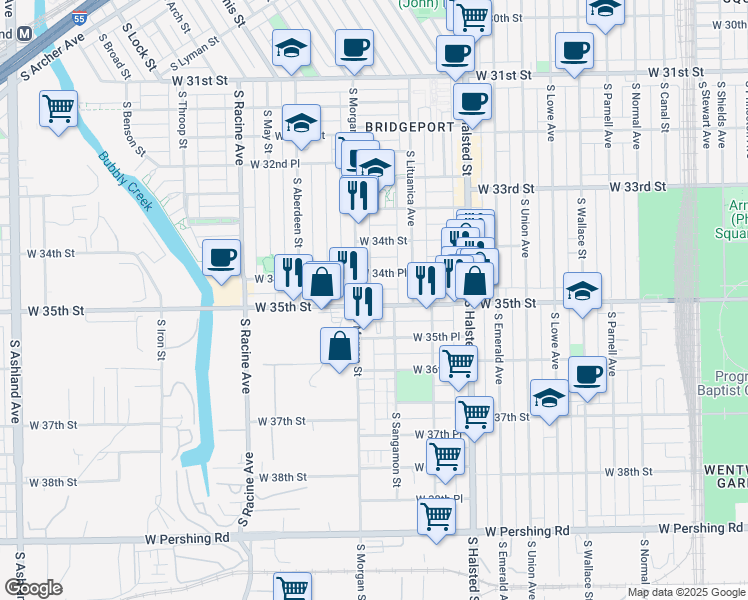 map of restaurants, bars, coffee shops, grocery stores, and more near 946 West 35th Street in Chicago