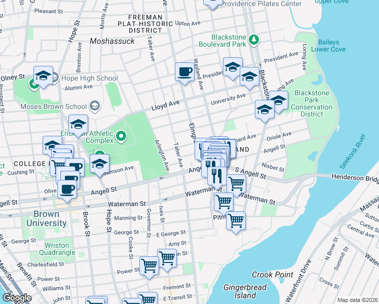 map of restaurants, bars, coffee shops, grocery stores, and more near 27 Taber Avenue in Providence