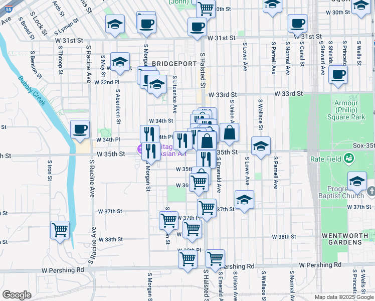 map of restaurants, bars, coffee shops, grocery stores, and more near 901-903 West 35th Place in Chicago