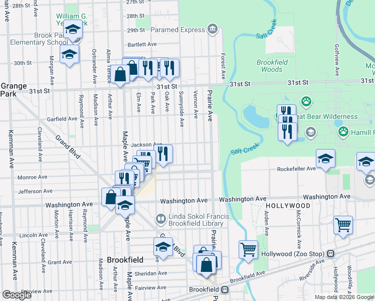 map of restaurants, bars, coffee shops, grocery stores, and more near 3322 Vernon Avenue in Brookfield