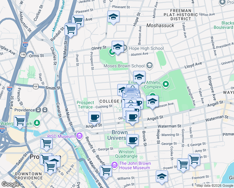 map of restaurants, bars, coffee shops, grocery stores, and more near 190 Bowen Street in Providence
