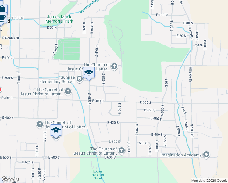 map of restaurants, bars, coffee shops, grocery stores, and more near 579 East 260 South in Smithfield
