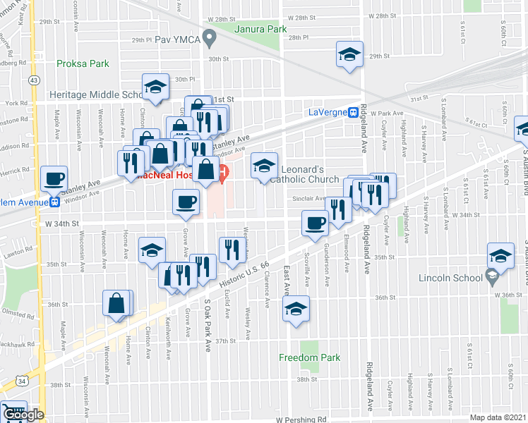 map of restaurants, bars, coffee shops, grocery stores, and more near 6618 34th Street in Berwyn