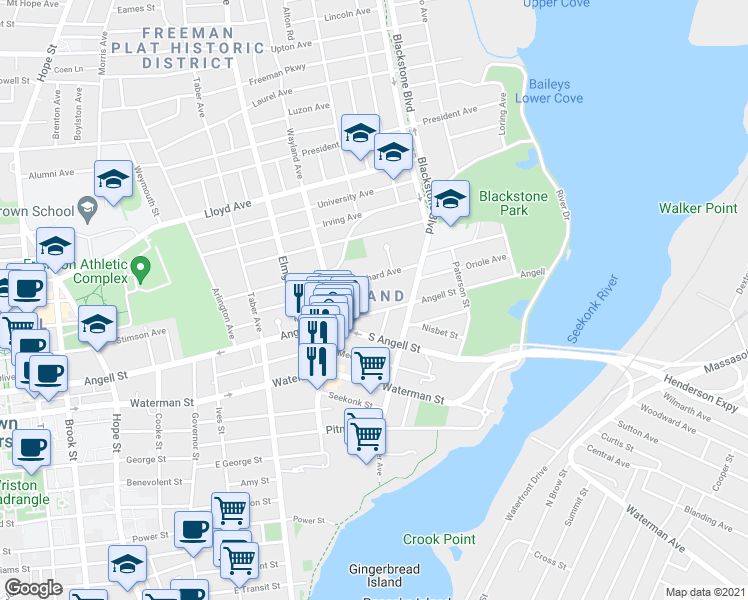map of restaurants, bars, coffee shops, grocery stores, and more near 531 Angell Street in Providence