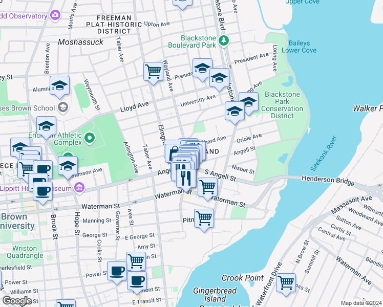 map of restaurants, bars, coffee shops, grocery stores, and more near 490 Angell Street in Providence