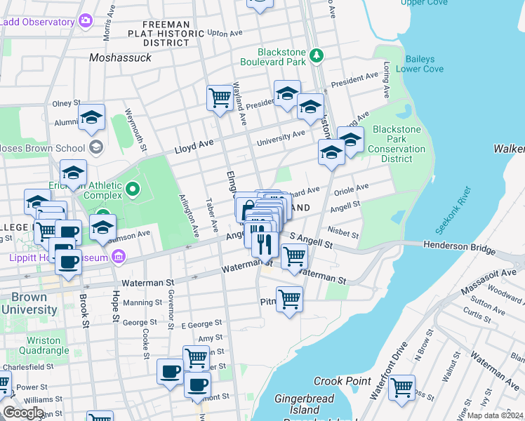 map of restaurants, bars, coffee shops, grocery stores, and more near 490 Angell Street in Providence
