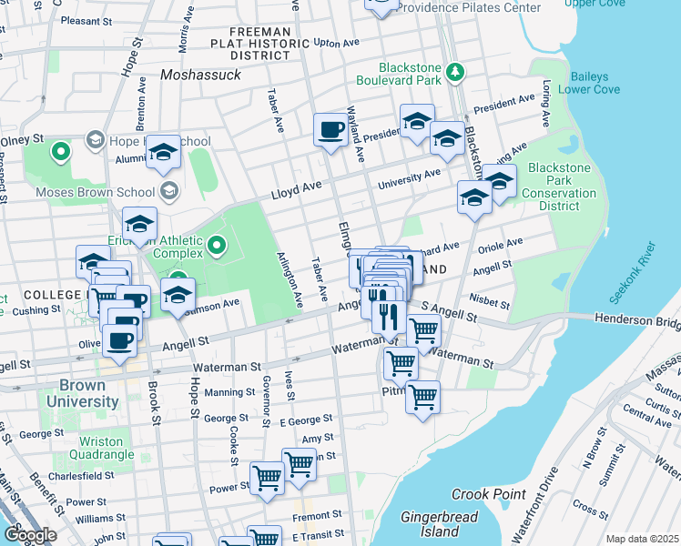 map of restaurants, bars, coffee shops, grocery stores, and more near 27 Taber Avenue in Providence