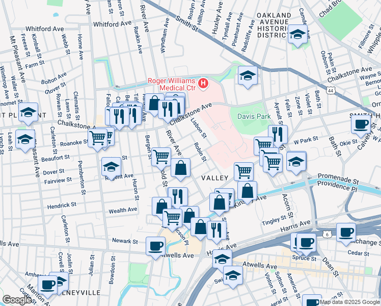 map of restaurants, bars, coffee shops, grocery stores, and more near 64 Regent Avenue in Providence