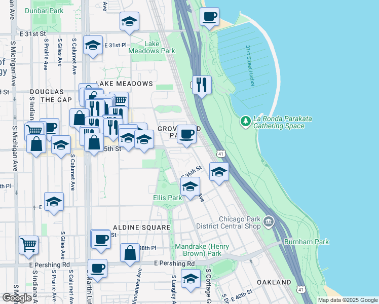 map of restaurants, bars, coffee shops, grocery stores, and more near 3519 South Ellis Avenue in Chicago