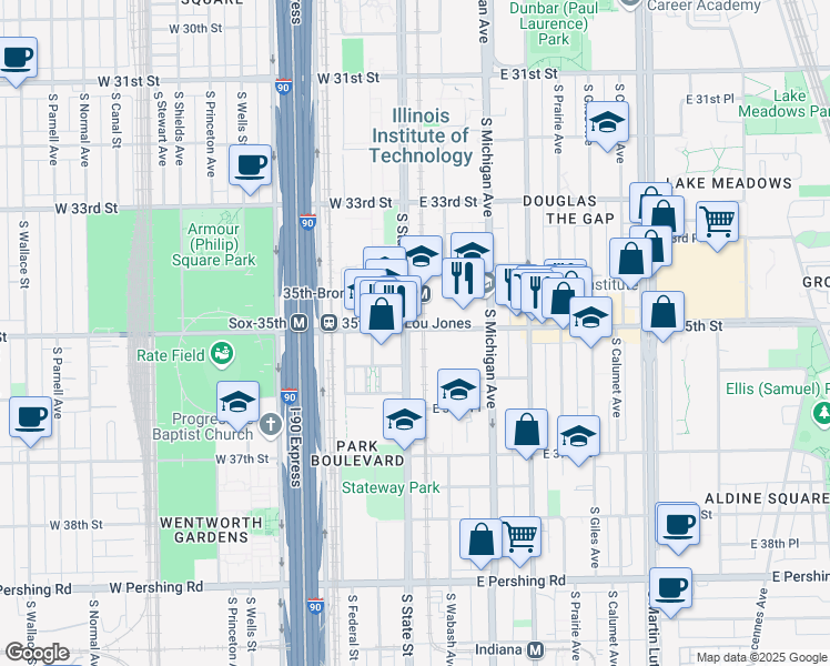 map of restaurants, bars, coffee shops, grocery stores, and more near 3512 South Wabash Avenue in Chicago