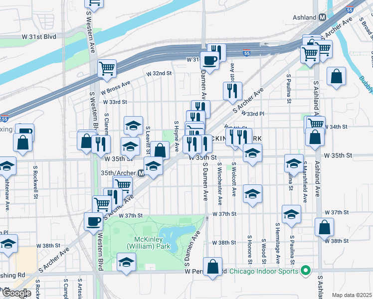 map of restaurants, bars, coffee shops, grocery stores, and more near 2030 West 35th Street in Chicago