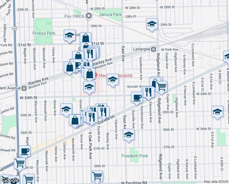 map of restaurants, bars, coffee shops, grocery stores, and more near 6618 34th Street in Berwyn