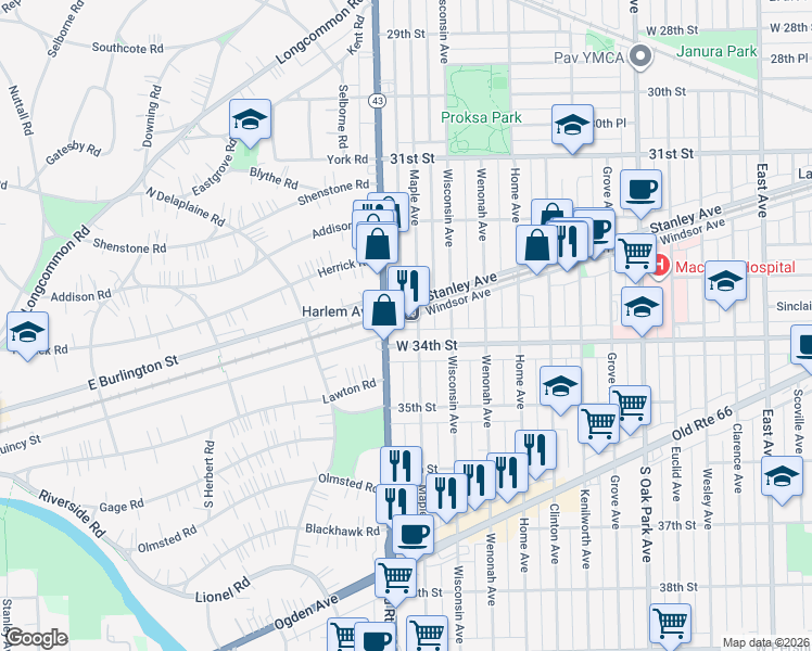 map of restaurants, bars, coffee shops, grocery stores, and more near 7143 34th Street in Berwyn