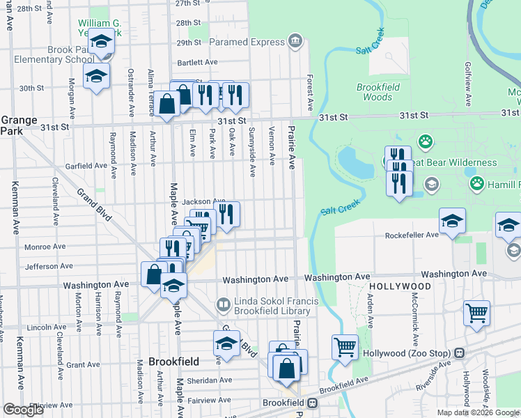 map of restaurants, bars, coffee shops, grocery stores, and more near 3322 Vernon Avenue in Brookfield