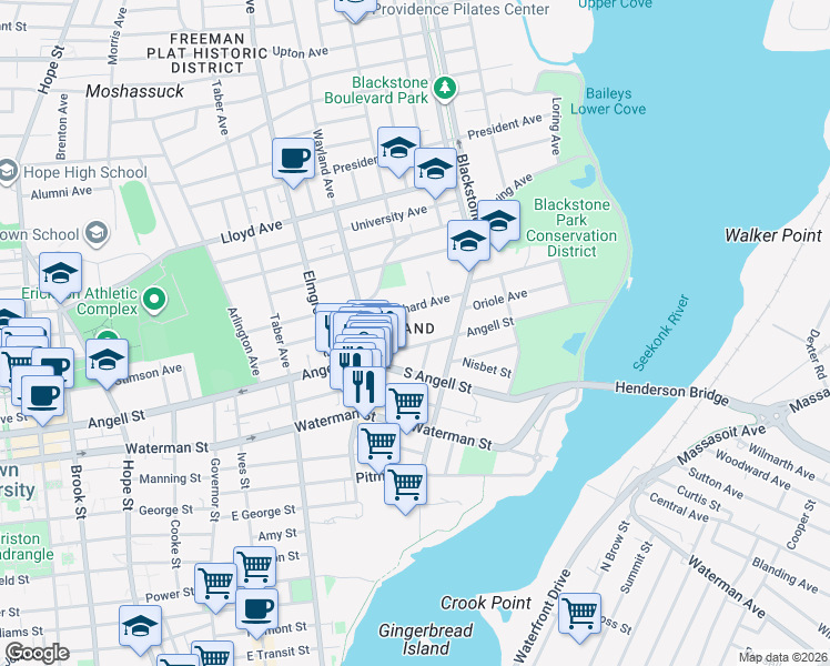 map of restaurants, bars, coffee shops, grocery stores, and more near 531 Angell Street in Providence