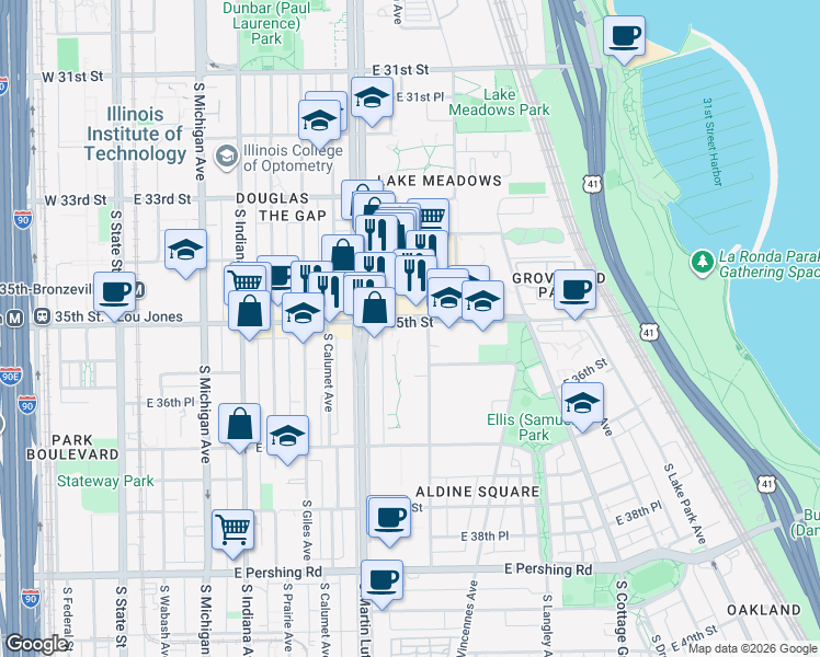map of restaurants, bars, coffee shops, grocery stores, and more near 449 East 35th Street in Chicago
