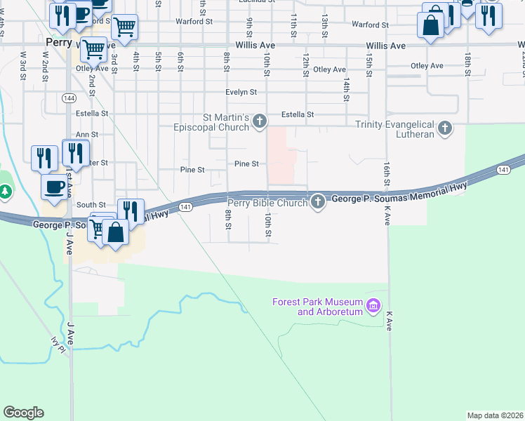 map of restaurants, bars, coffee shops, grocery stores, and more near 310 Sugar Creek Circle in Perry