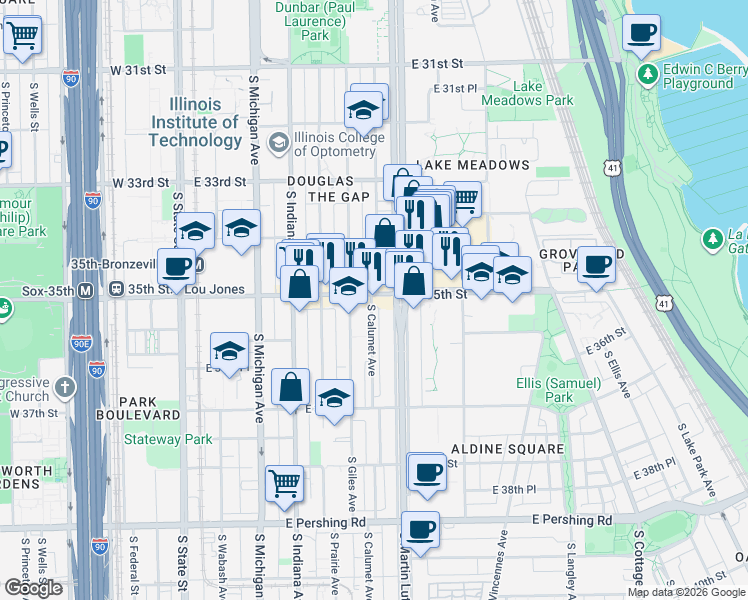 map of restaurants, bars, coffee shops, grocery stores, and more near 321 East 35th Street in Chicago