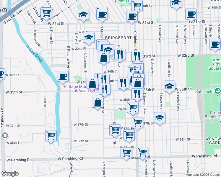 map of restaurants, bars, coffee shops, grocery stores, and more near 3500 South Sangamon Street in Chicago