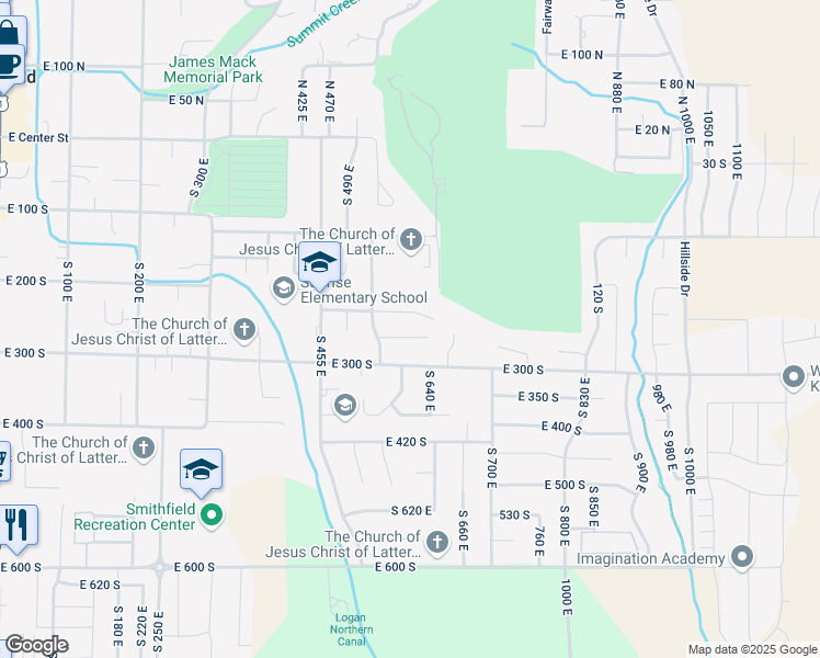 map of restaurants, bars, coffee shops, grocery stores, and more near 579 East 260 South in Smithfield