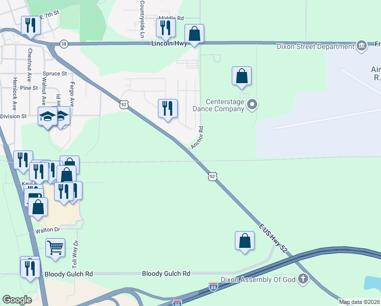 map of restaurants, bars, coffee shops, grocery stores, and more near 1417 Chicago Avenue in Dixon