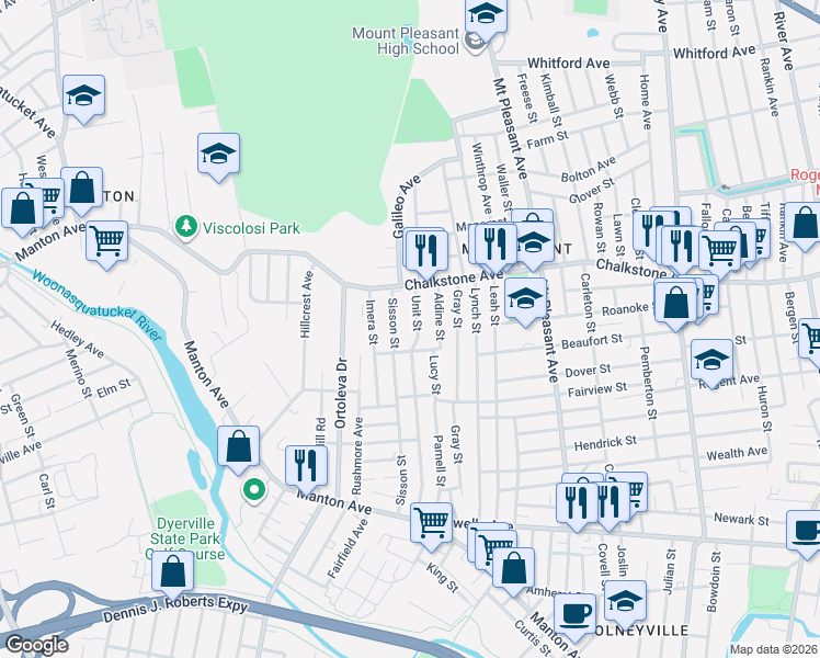 map of restaurants, bars, coffee shops, grocery stores, and more near 174 Sisson Street in Providence