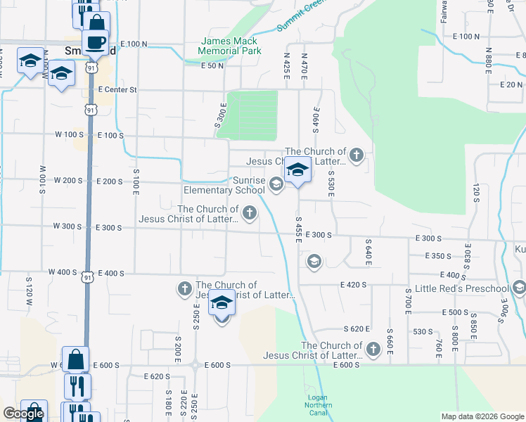 map of restaurants, bars, coffee shops, grocery stores, and more near 280 South 370 East in Smithfield