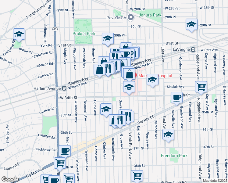 map of restaurants, bars, coffee shops, grocery stores, and more near 6835 34th Street in Berwyn