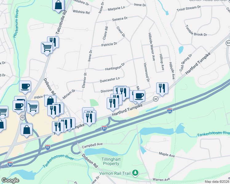 map of restaurants, bars, coffee shops, grocery stores, and more near 435 Hartford Turnpike in Vernon