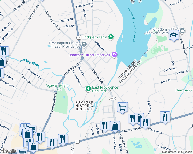 map of restaurants, bars, coffee shops, grocery stores, and more near 22 Westwood Avenue in East Providence
