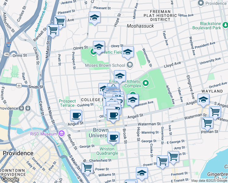 map of restaurants, bars, coffee shops, grocery stores, and more near 251 Bowen Street in Providence
