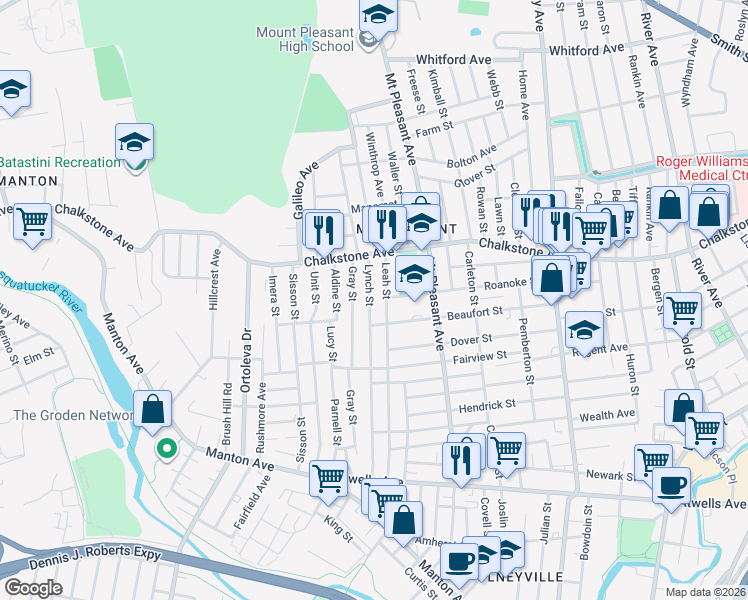 map of restaurants, bars, coffee shops, grocery stores, and more near 180 Lynch Street in Providence