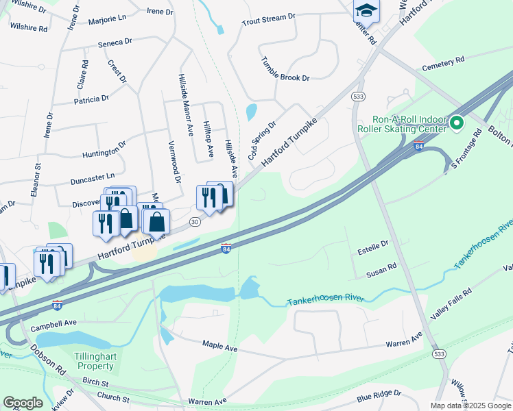 map of restaurants, bars, coffee shops, grocery stores, and more near Interstate 84 in Vernon