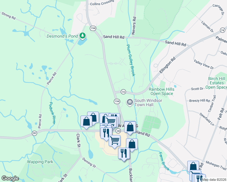 map of restaurants, bars, coffee shops, grocery stores, and more near 1495 Sullivan Avenue in South Windsor