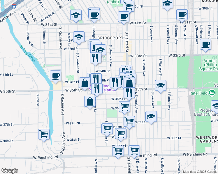 map of restaurants, bars, coffee shops, grocery stores, and more near 3500 South Sangamon Street in Chicago