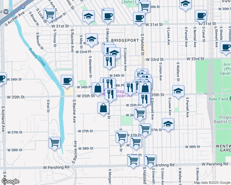 map of restaurants, bars, coffee shops, grocery stores, and more near 3500 South Sangamon Street in Chicago