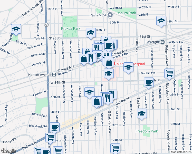map of restaurants, bars, coffee shops, grocery stores, and more near 6835 34th Street in Berwyn