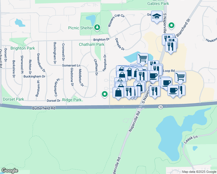 map of restaurants, bars, coffee shops, grocery stores, and more near 246-256 West Loop Road in Wheaton