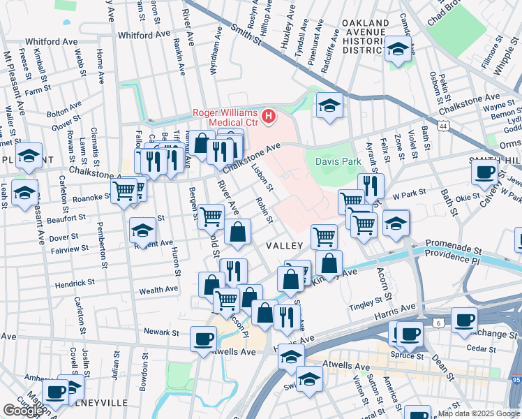 map of restaurants, bars, coffee shops, grocery stores, and more near 47 Regent Avenue in Providence